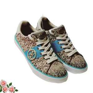 Guess Sneakers Low Rise Classic Canvas Logo Teal Accent Women's Size 6 - 6.5